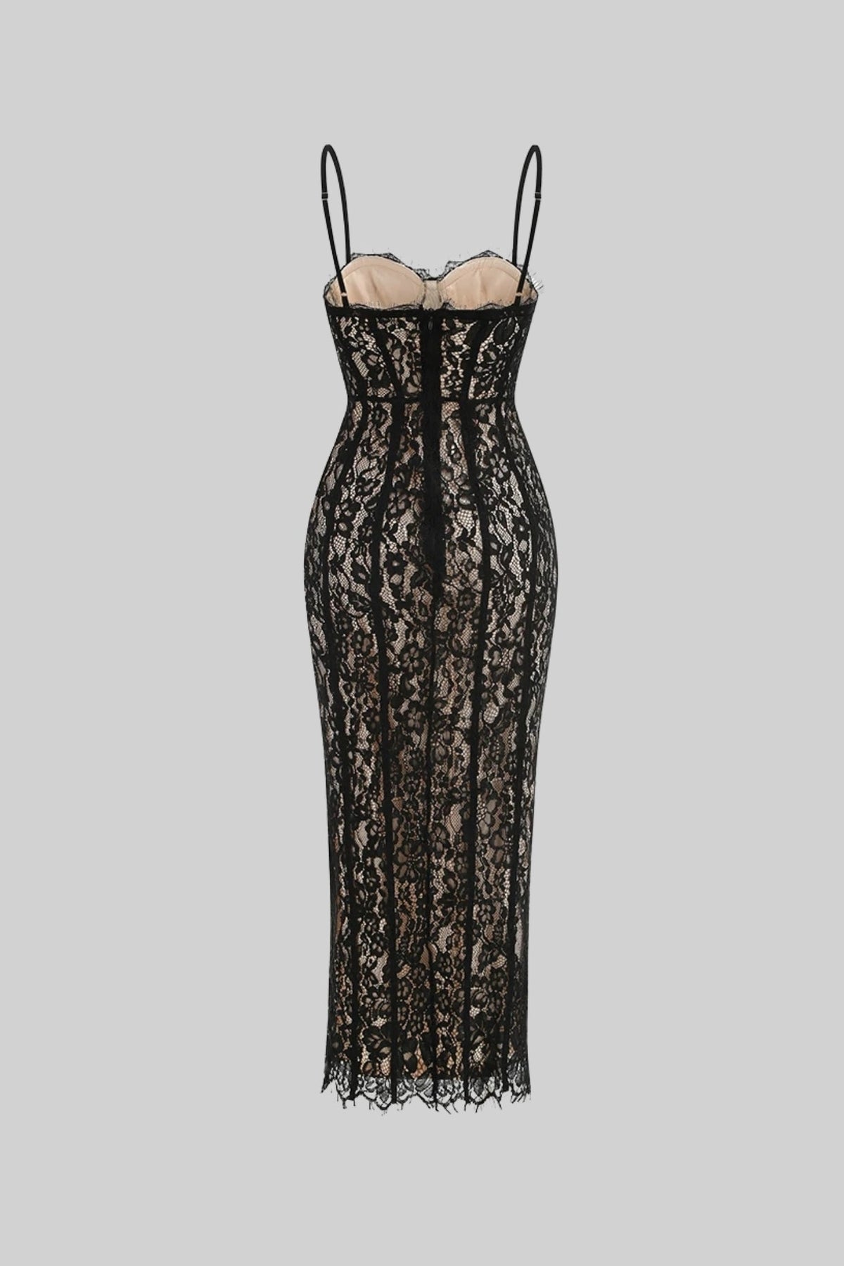 Lace Pencil Midi Dress with Sheer Corset Bodice and Sweetheart Neck – Black – view 8