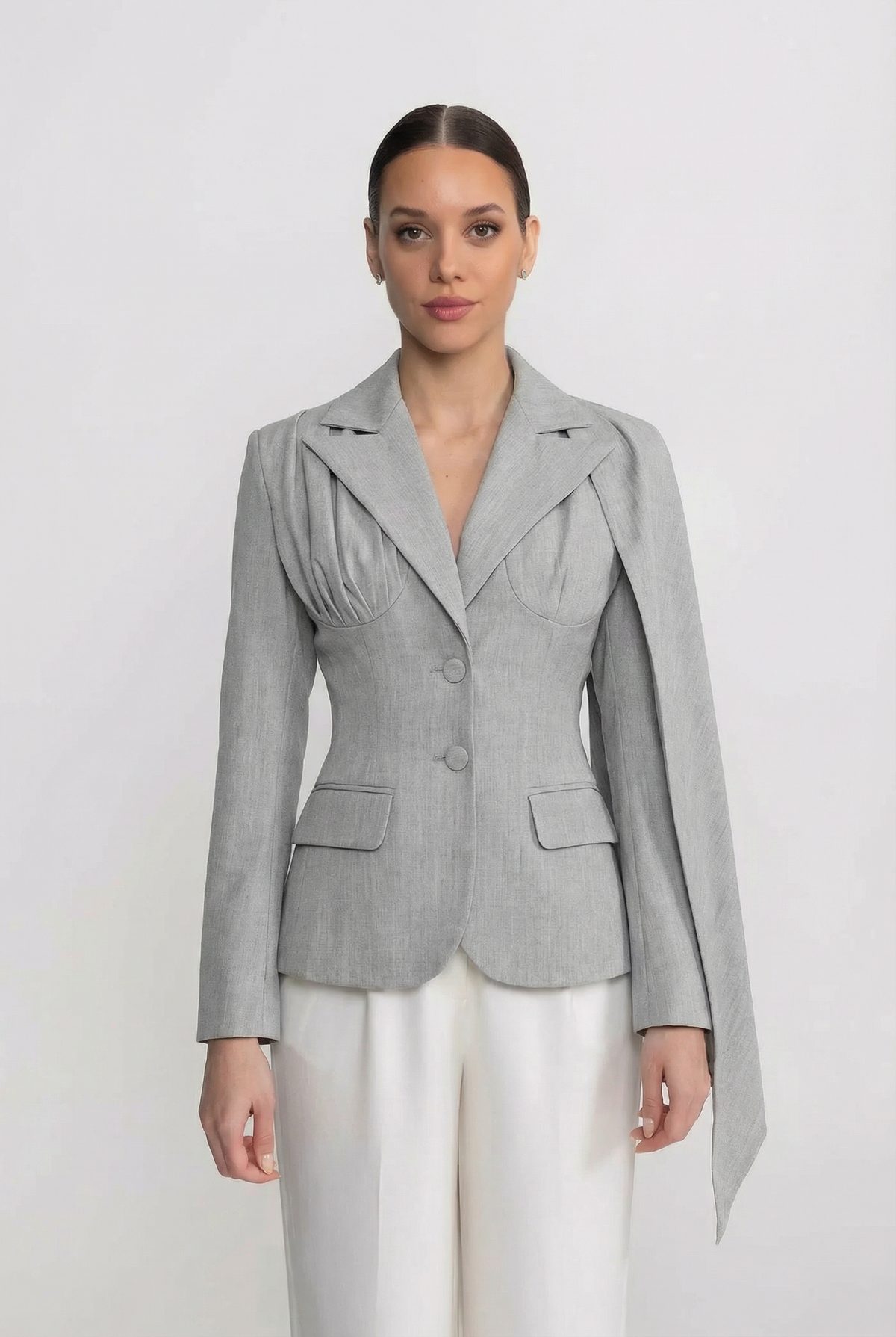 Tailored Blazer with Asymmetric Draped Cape Panel – Grey