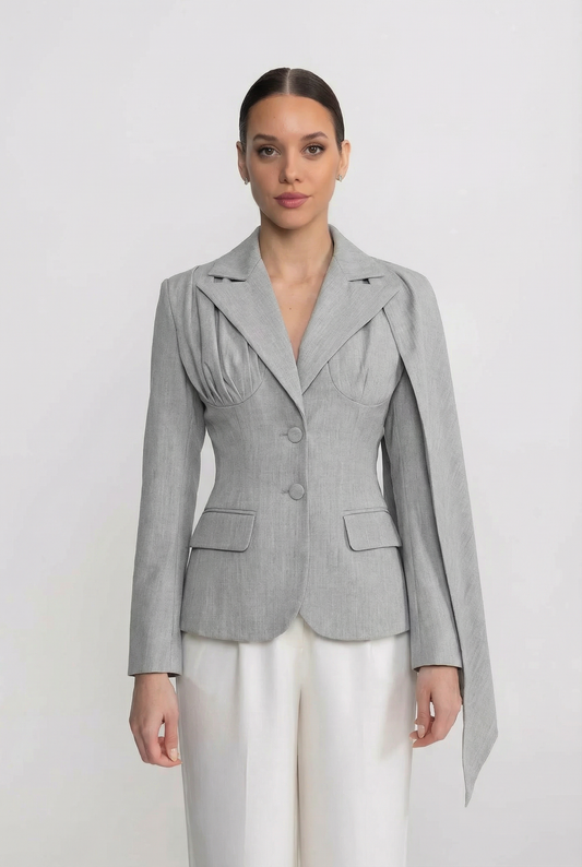 Tailored Blazer with Asymmetric Draped Cape Panel – Grey