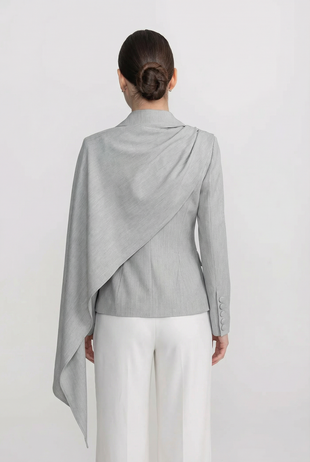 Tailored Blazer with Asymmetric Draped Cape Panel – Grey – view 4