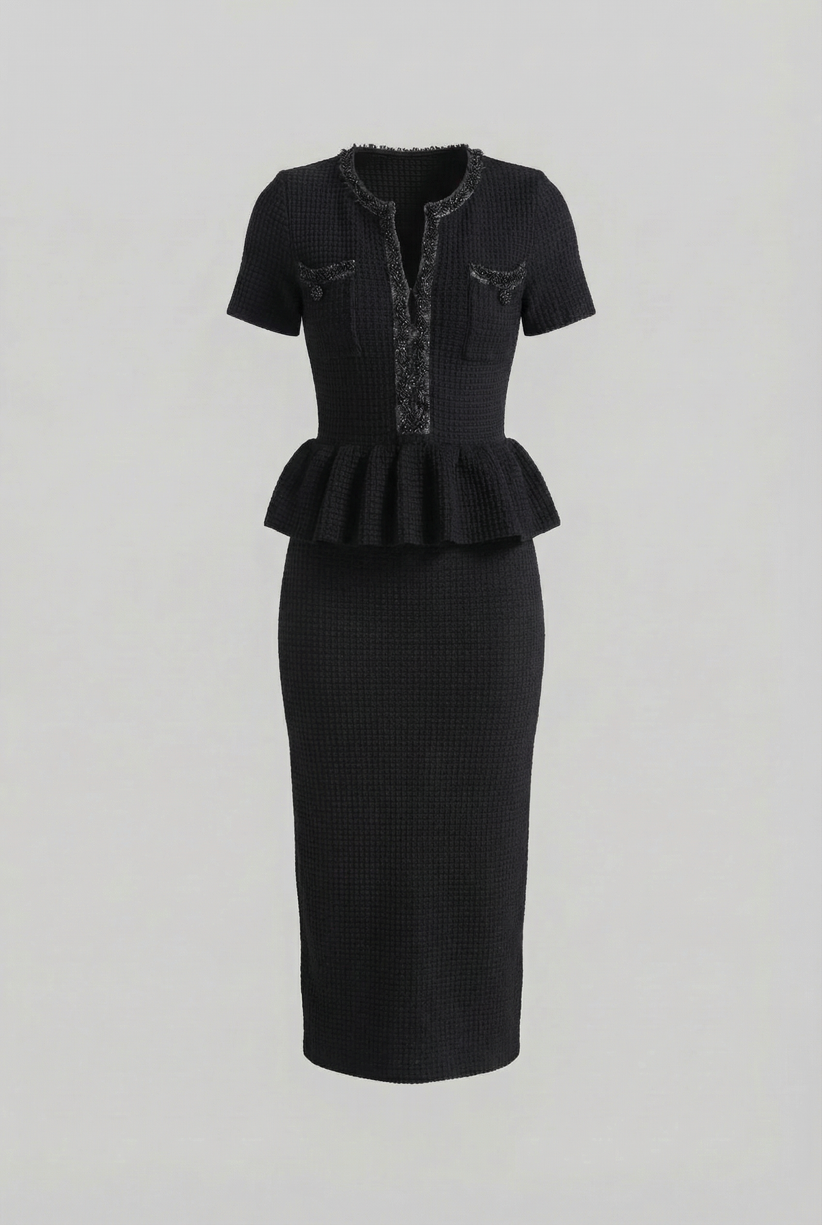 Textured Knit Peplum Midi Dress with Trim Detail – Black – view 2