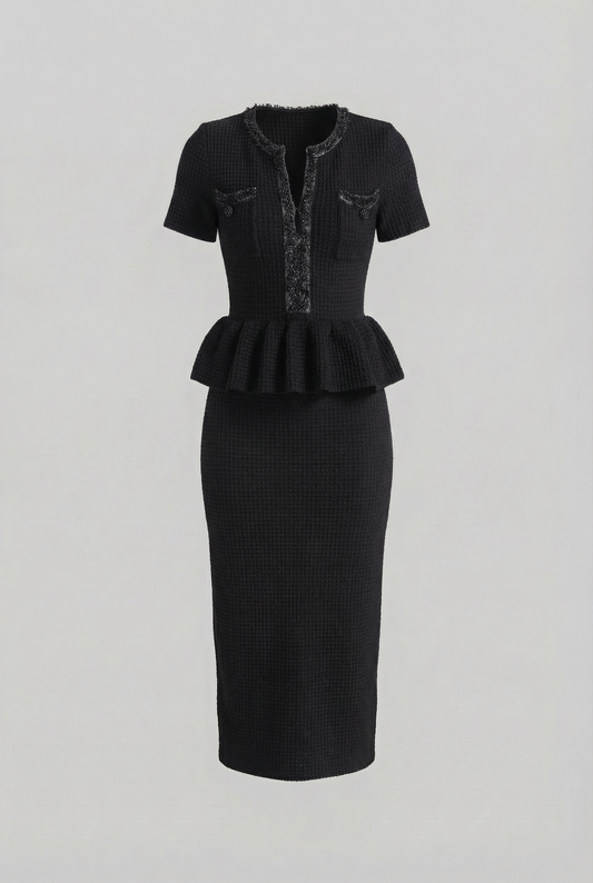Textured Knit Peplum Midi Dress with Trim Detail – Black – view 2