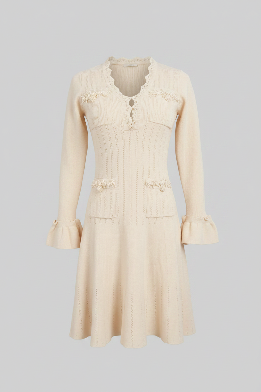 V-Neck Ribbed Knit Mini Dress with Ruffle Hem and Bow Cuffs – Ivory