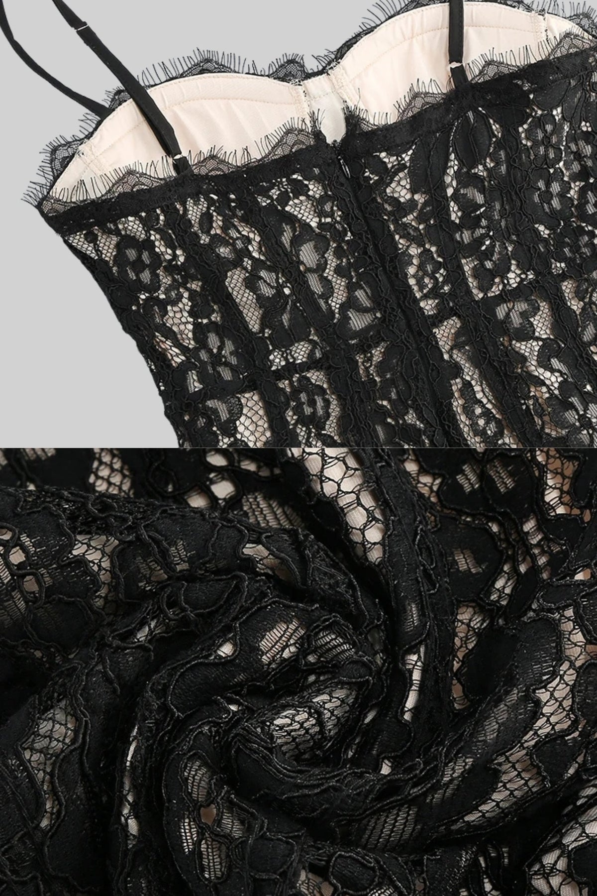 Lace Pencil Midi Dress with Sheer Corset Bodice and Sweetheart Neck – Black