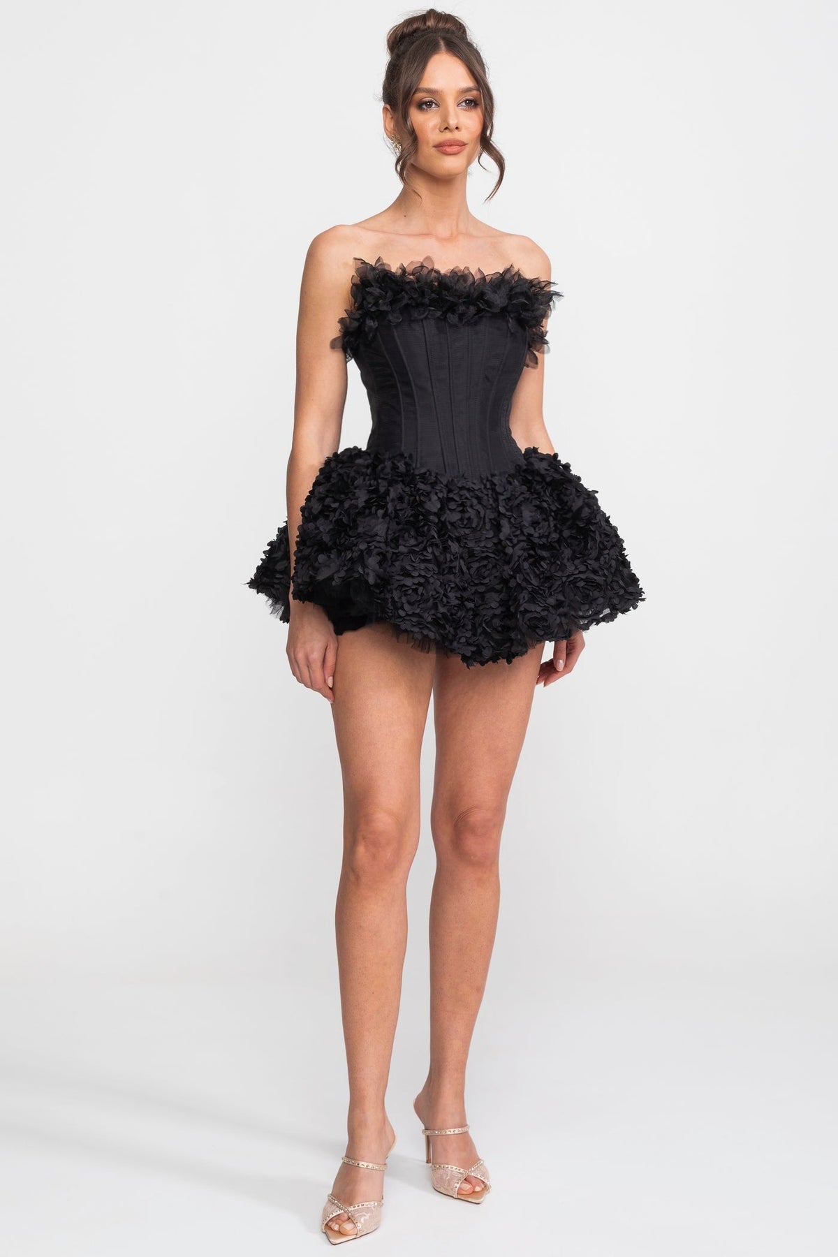 Strapless Boned Corset Mini Dress with 3D Rose Appliqué Skirt – Black – view 3