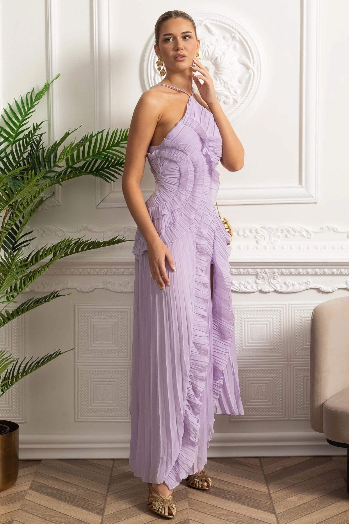 Accordion Pleated Halter Midi Dress with Cascading Ruffles – Lavender – view 8