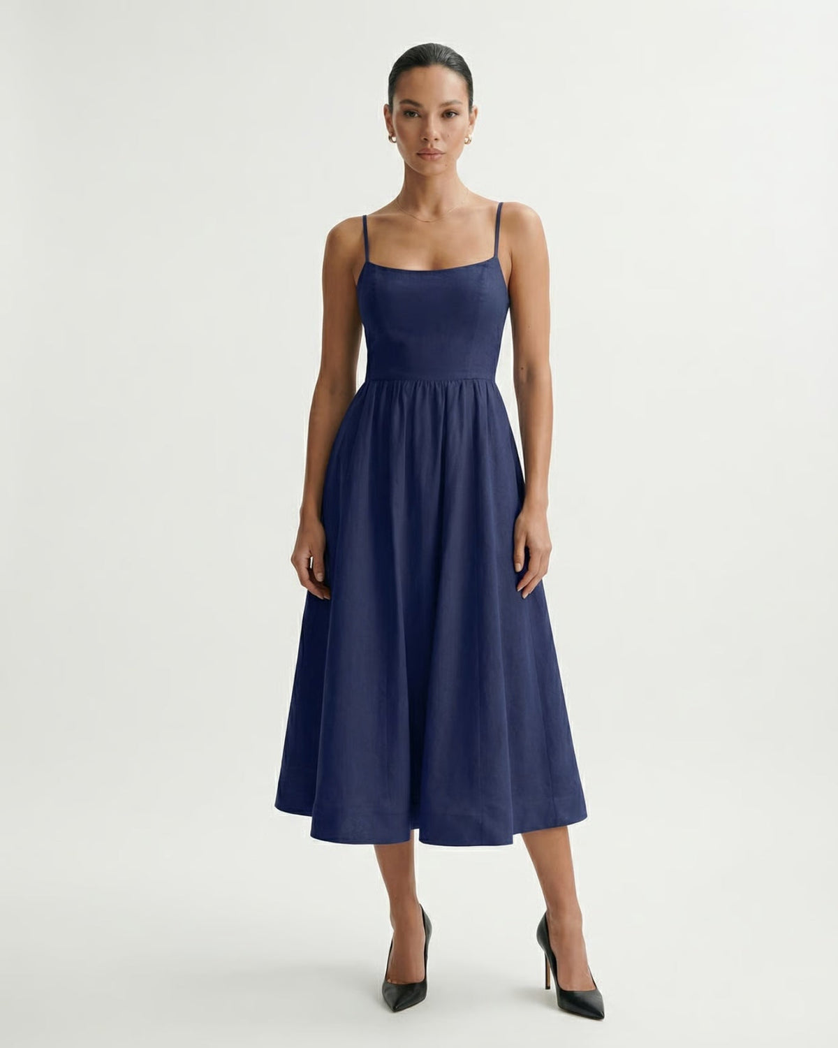 Mira Border Detail Cotton Blend Dress with Back Zip – Navy Blue