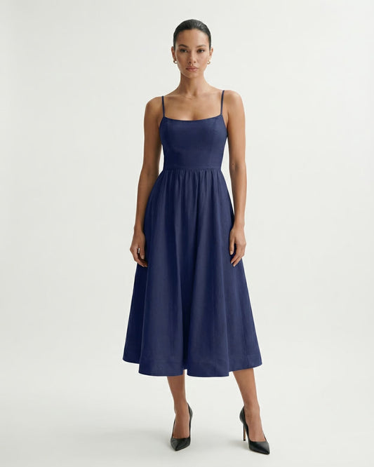 Mira Border Detail Cotton Blend Dress with Back Zip – Navy Blue