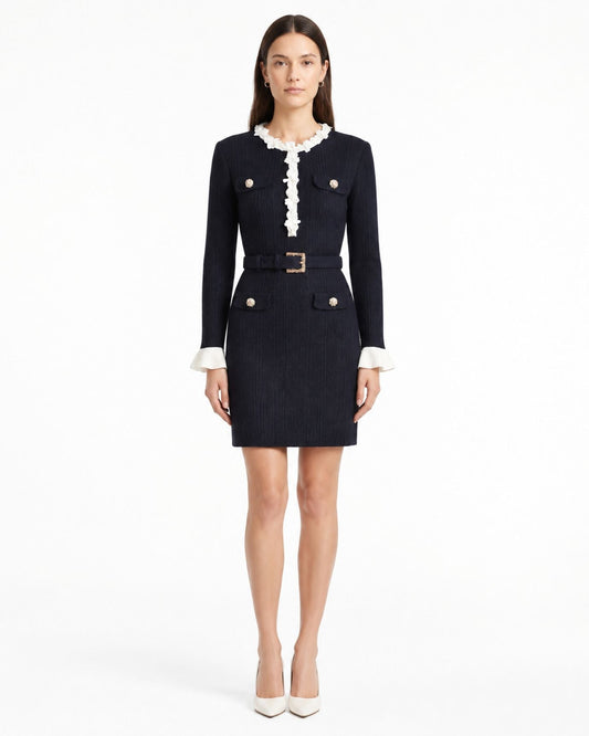 Kira Bell Sleeve Belted Acrylic Knit Mini Dress – Navy Blue – view 2