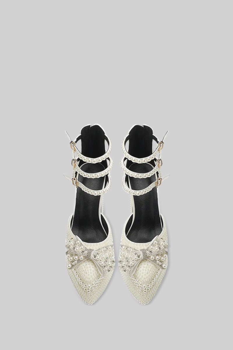 Pearl Embellished Platform Pumps with Gold Ankle Straps – White – view 4