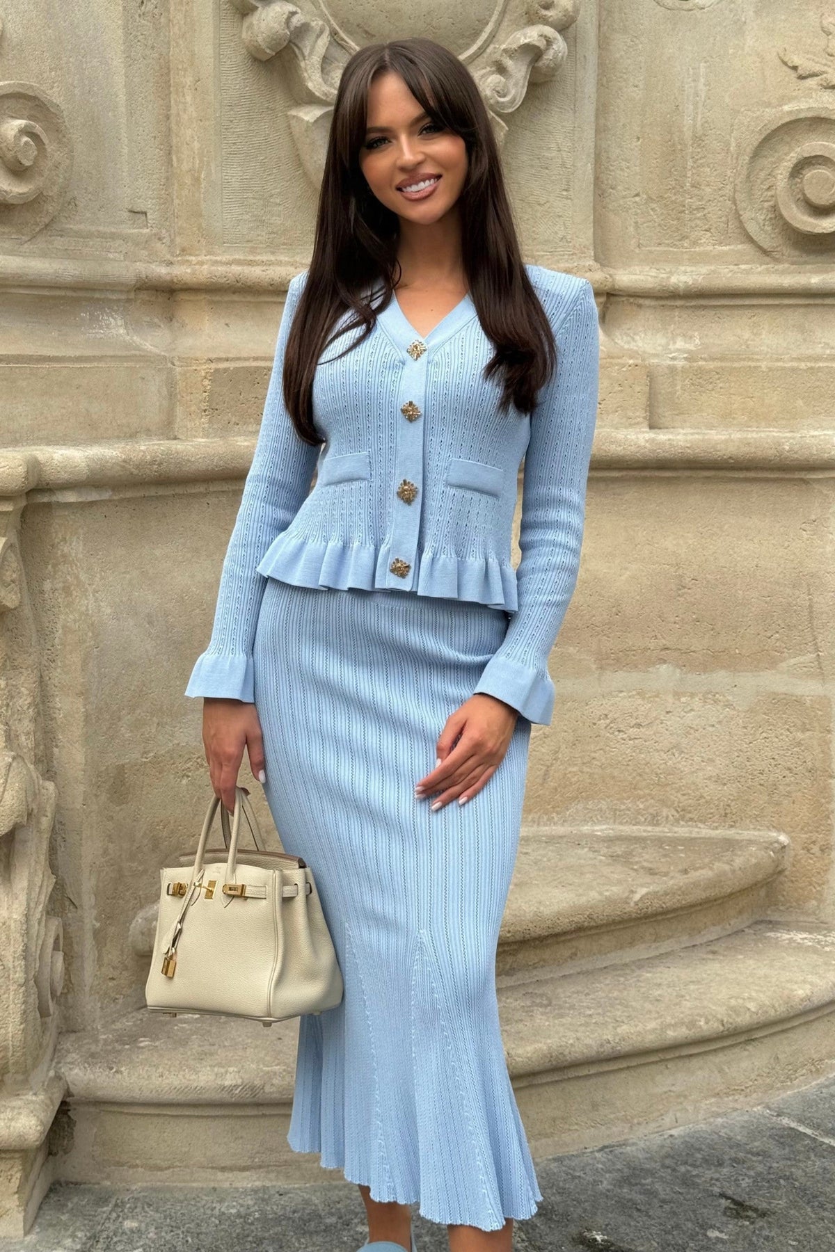 Ruffled V-Neck Knit Cardigan and Flared Knee-Length Skirt Set – Baby Blue – view 9