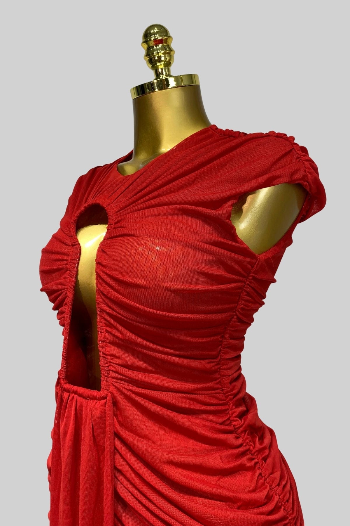 Floor Length Draped Cut-Out Gown with Gathered Detail – Red – view 4