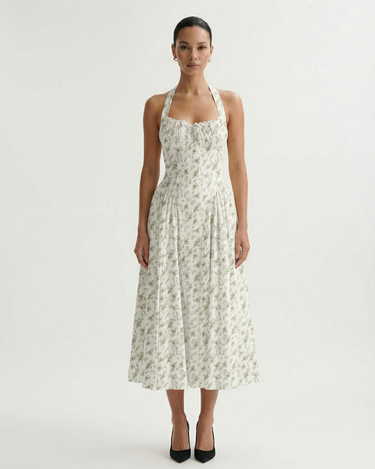 Santorini Halter Neck Contoured Stretch Dress – Green Leaves on White – view 2