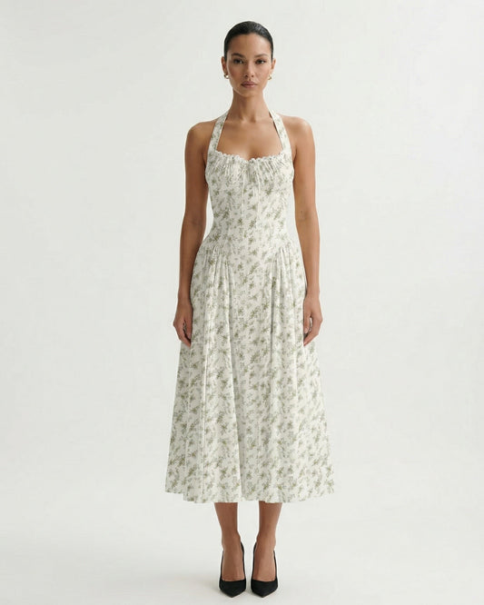 Santorini Halter Neck Contoured Stretch Dress – Green Leaves on White – view 2