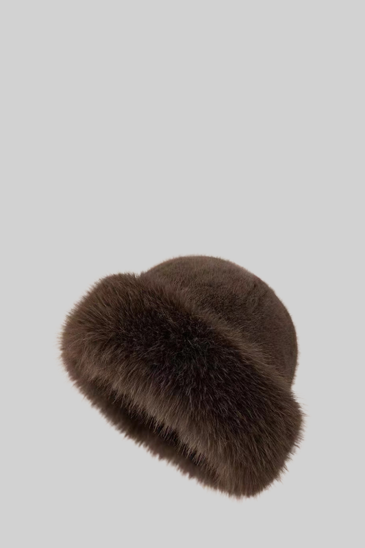 Plush Faux Fur Round Hat with Wide Brim – Brown