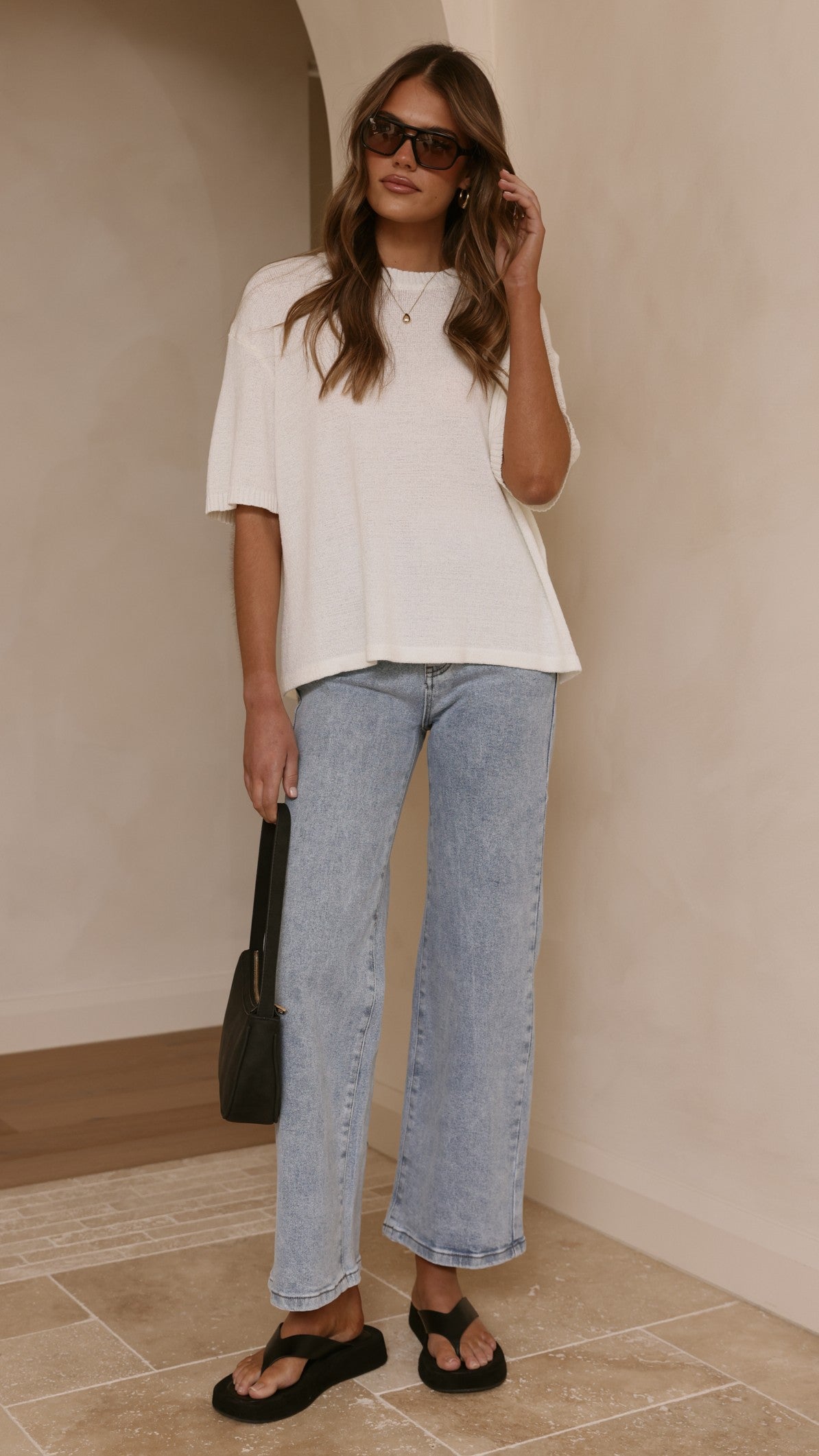 Annalise Semi-Sheer Boxy Crew Neck Knit Top – White – view 7