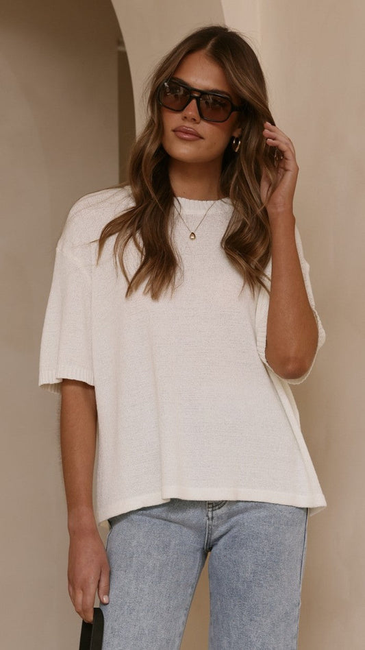 Annalise Semi-Sheer Boxy Crew Neck Knit Top – White