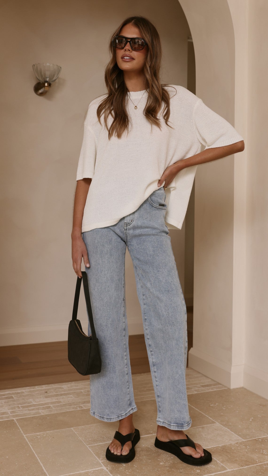 Annalise Semi-Sheer Boxy Crew Neck Knit Top – White – view 4