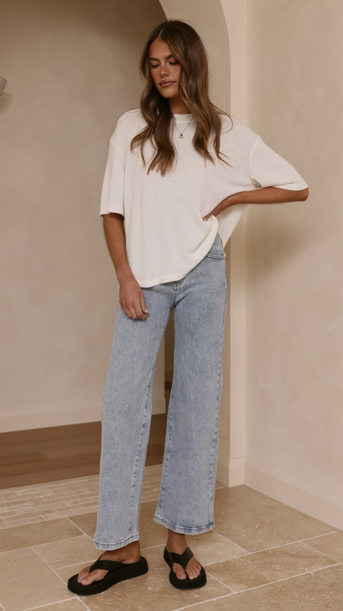 Annalise Semi-Sheer Boxy Crew Neck Knit Top – White – view 5