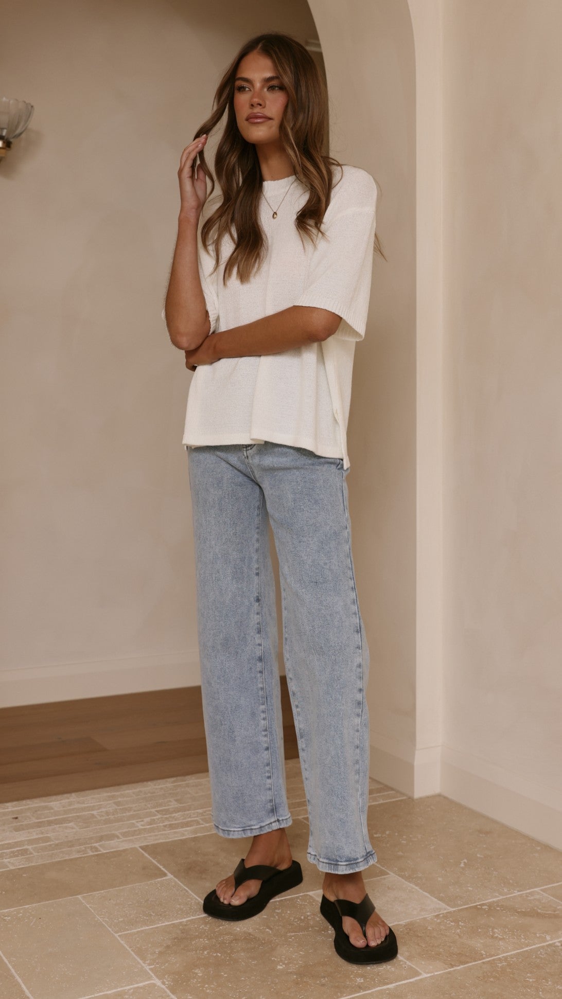 Annalise Semi-Sheer Boxy Crew Neck Knit Top – White – view 3