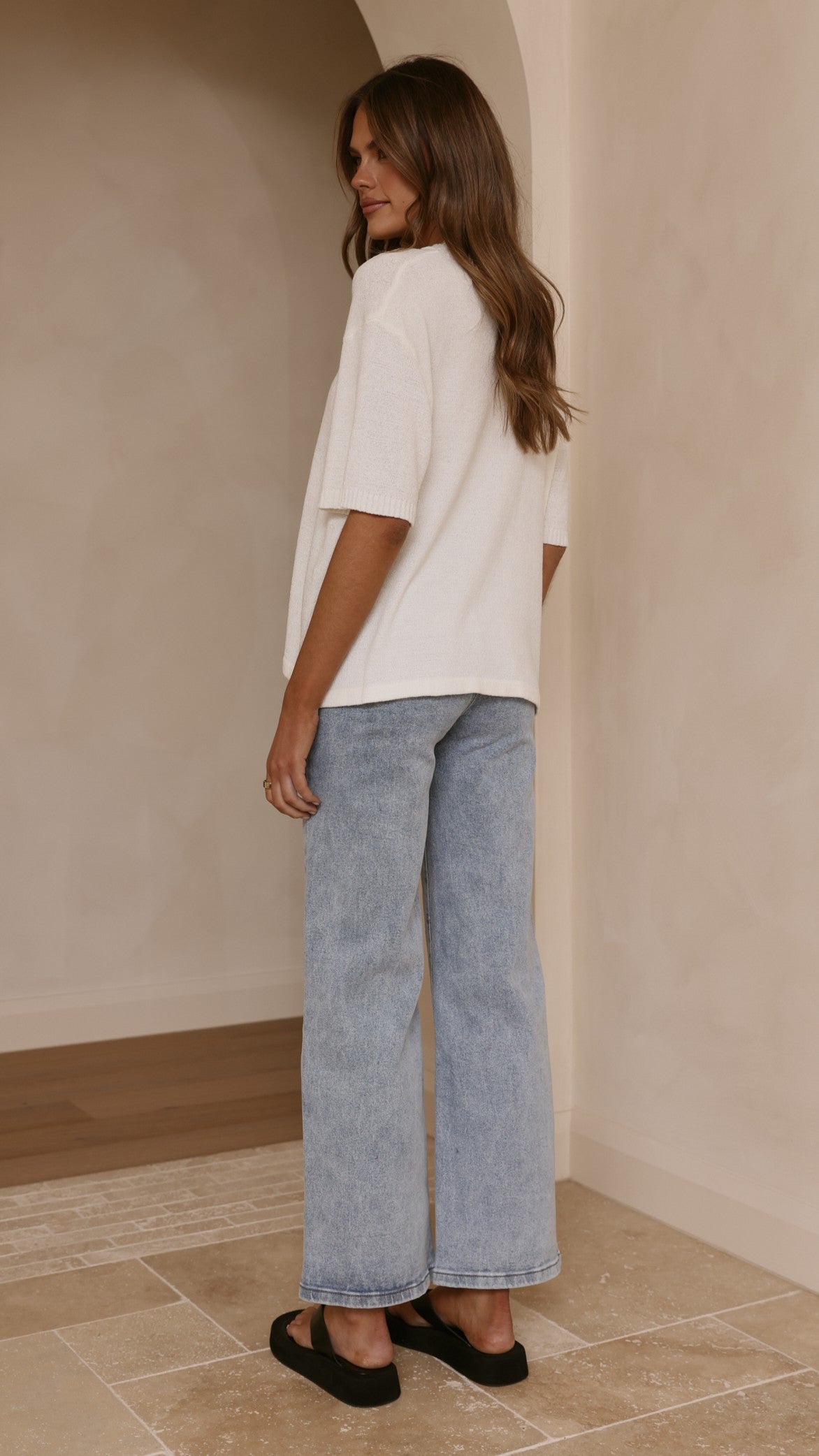 Annalise Semi-Sheer Boxy Crew Neck Knit Top – White – view 2