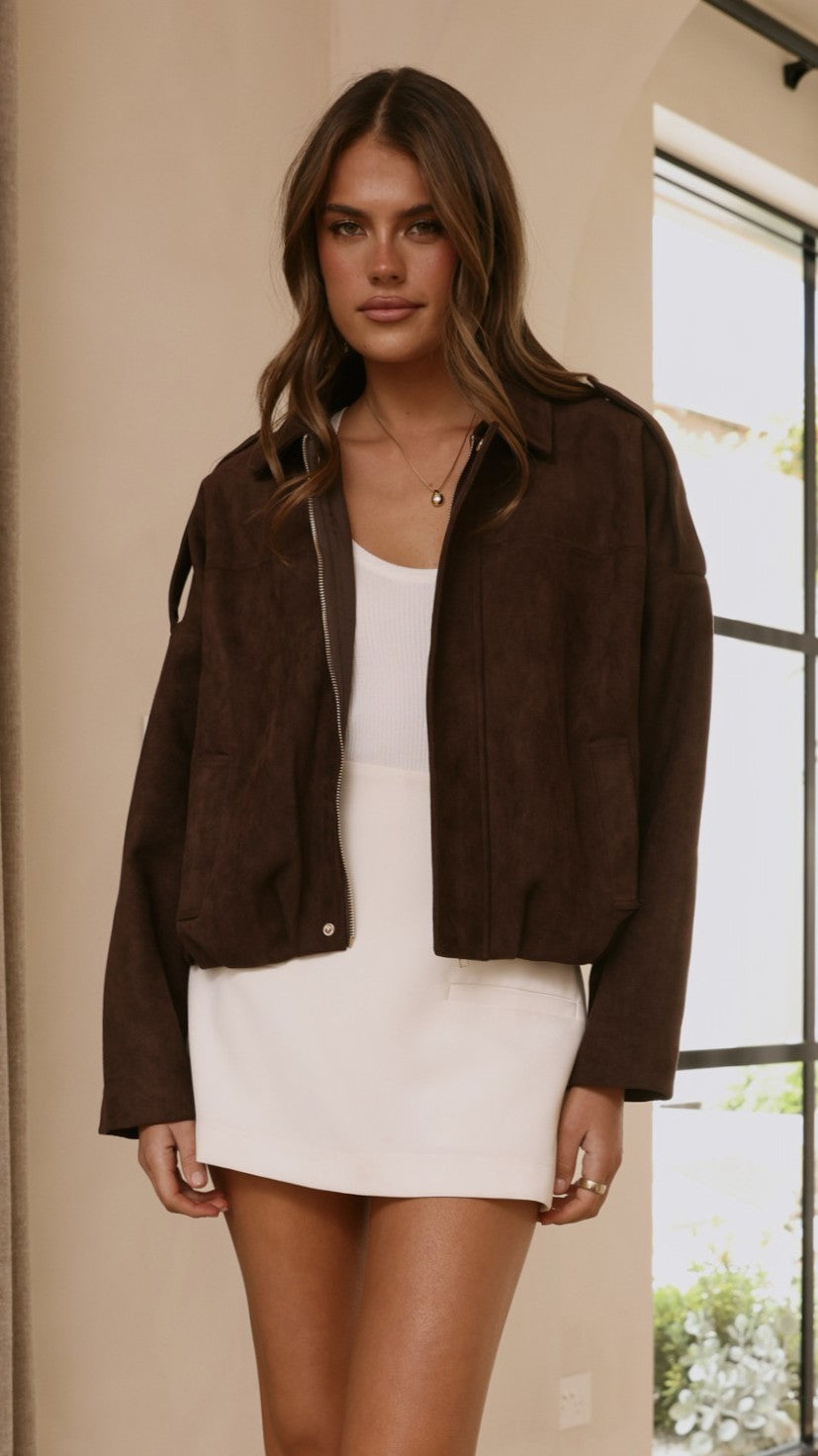 Leela Faux Suede Collared Bomber Jacket with Bubble Hem – Brown – view 5