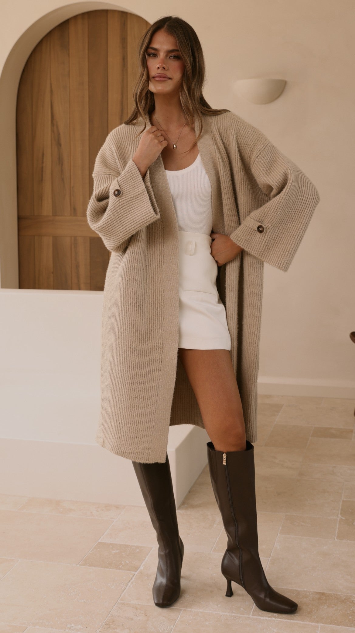 Tiana Longline Knit Coat with Button Sleeve Detail – Chai – view 3
