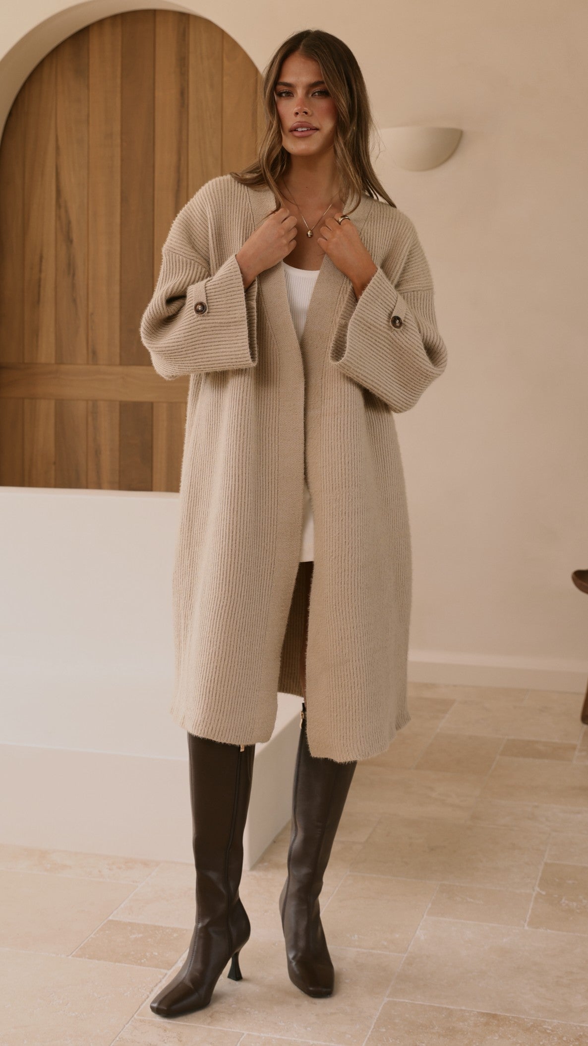 Tiana Longline Knit Coat with Button Sleeve Detail – Chai – view 4