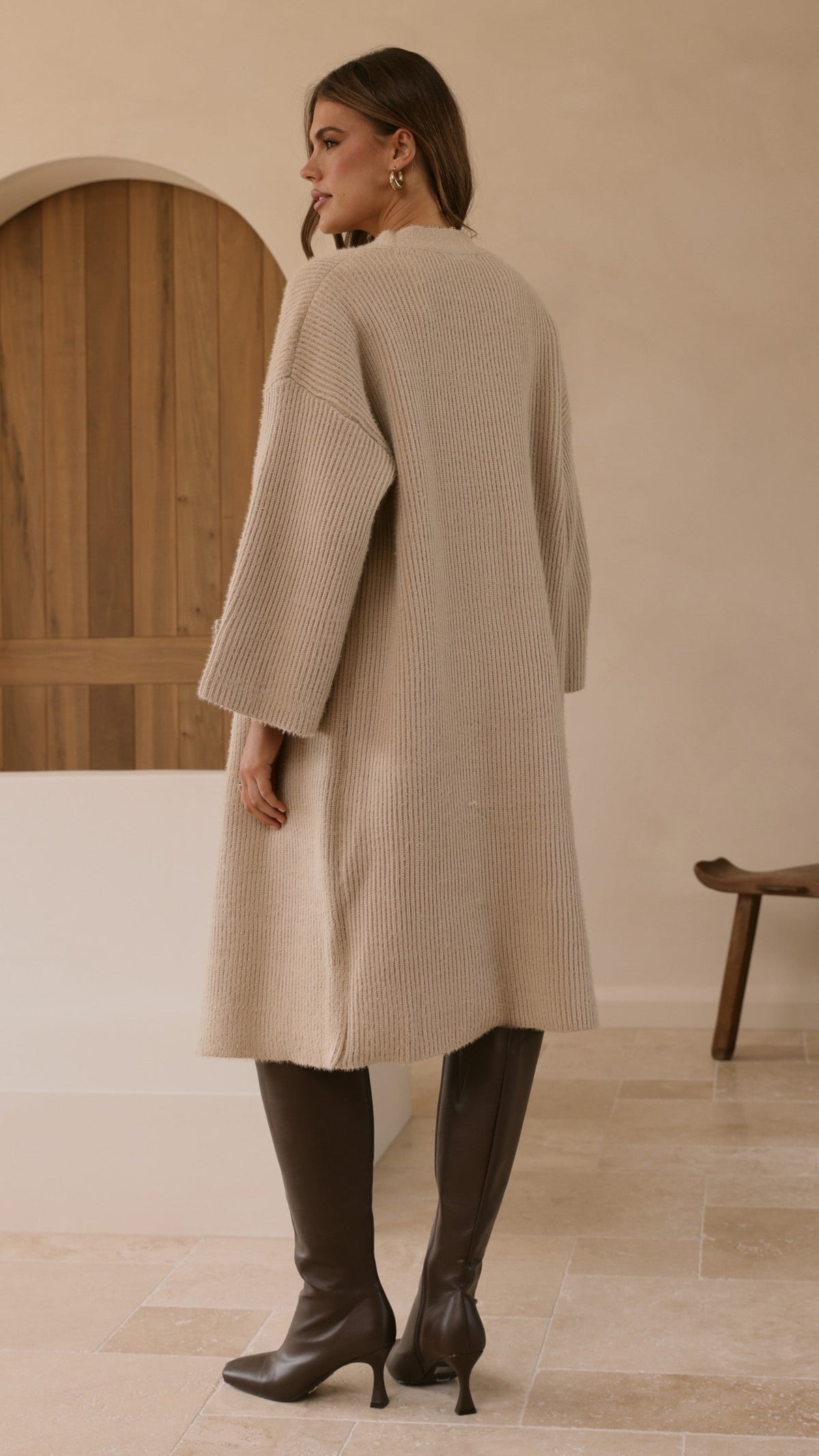 Tiana Longline Knit Coat with Button Sleeve Detail – Chai – view 2