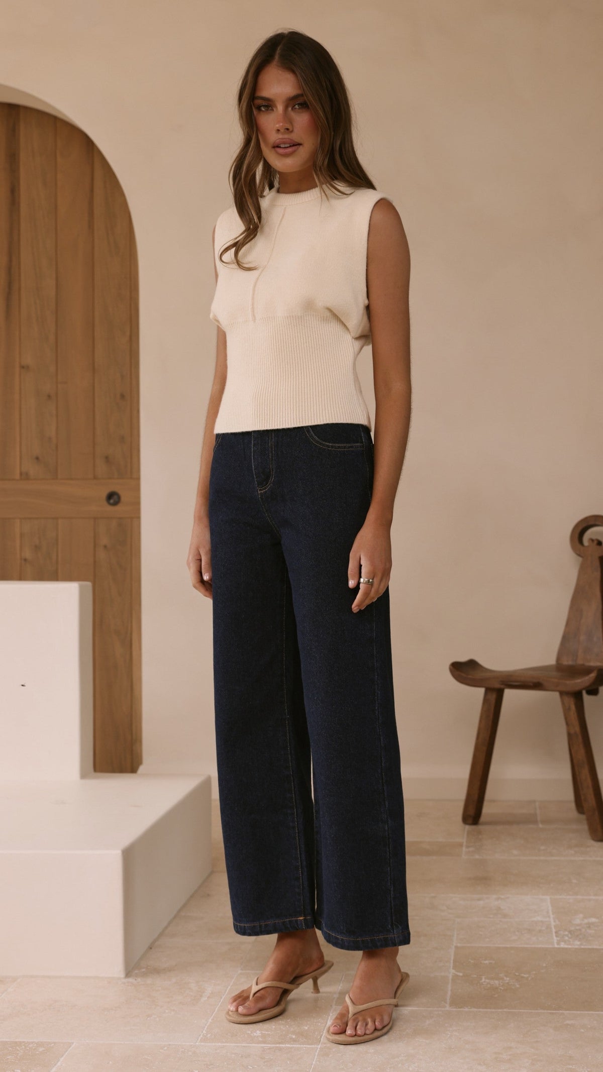 Dakari Jewel Neck Sleeveless Knit Vest with Ribbed Waist – Cream