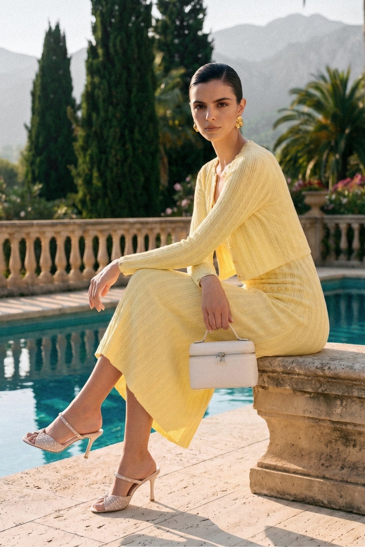 Ribbed Knit Midi Dress and Cropped Cardigan Set with Pearl Buttons – Yellow – view 6