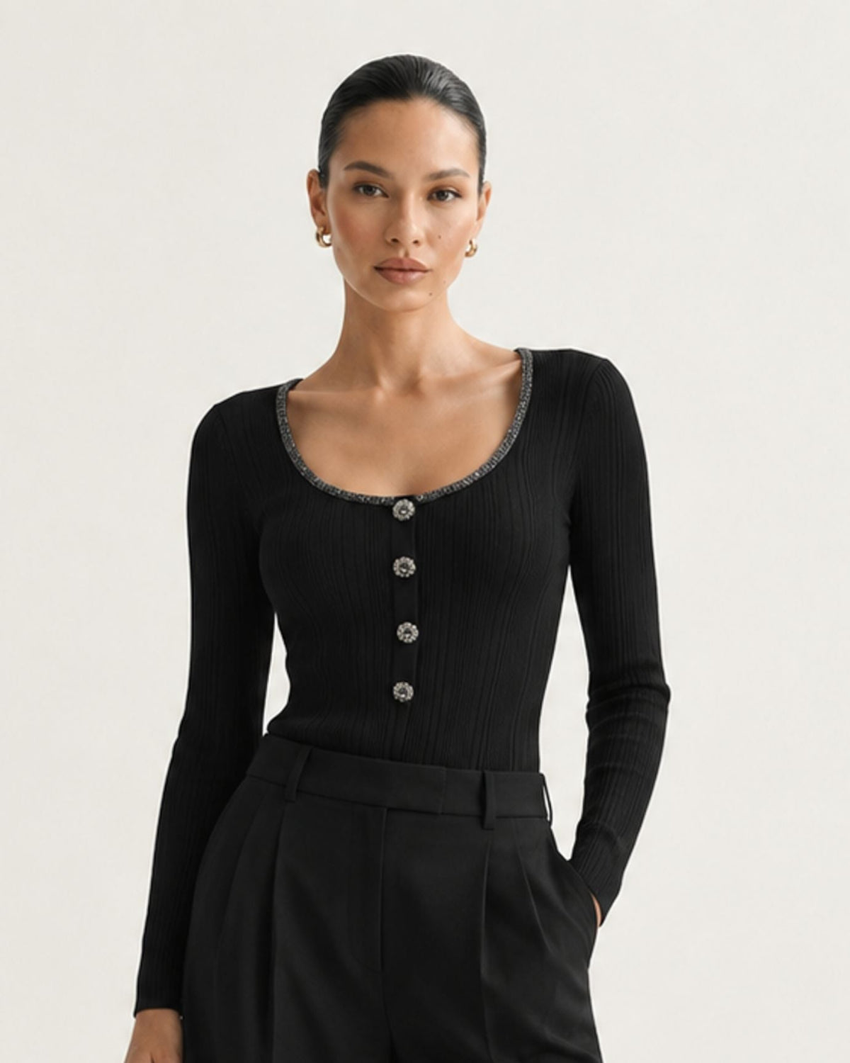 Diamond-Embellished Scoop Neck Slim Fit Jersey Top – view 7