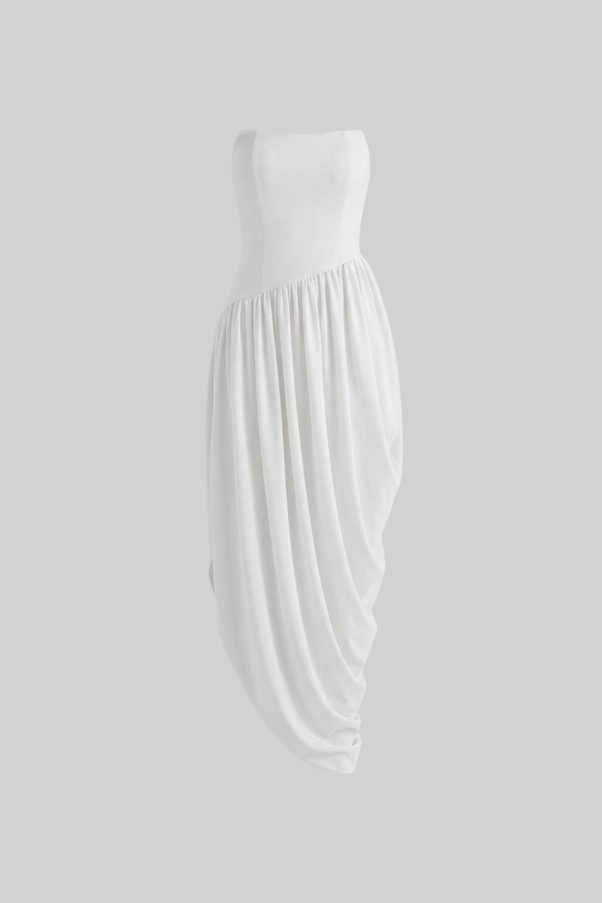 Strapless Maxi Dress with Asymmetric Waist and Cascading Draped Skirt – White – view 5