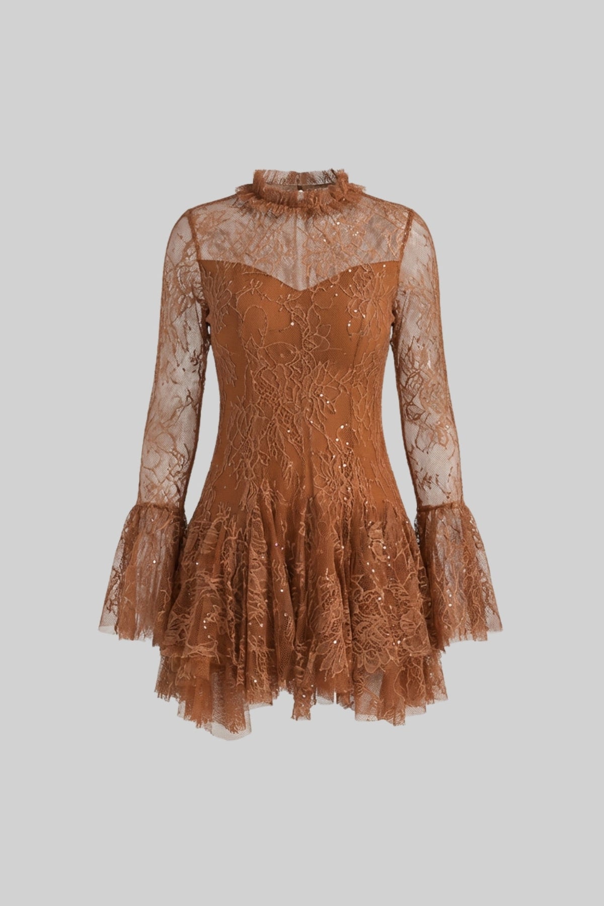 Sheer Lace High Neck Long Sleeve Mini Dress with Ruffled Hem – Rust – view 2