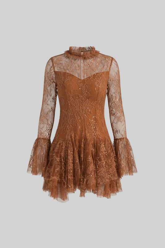 Sheer Lace High Neck Long Sleeve Mini Dress with Ruffled Hem – Rust – view 2