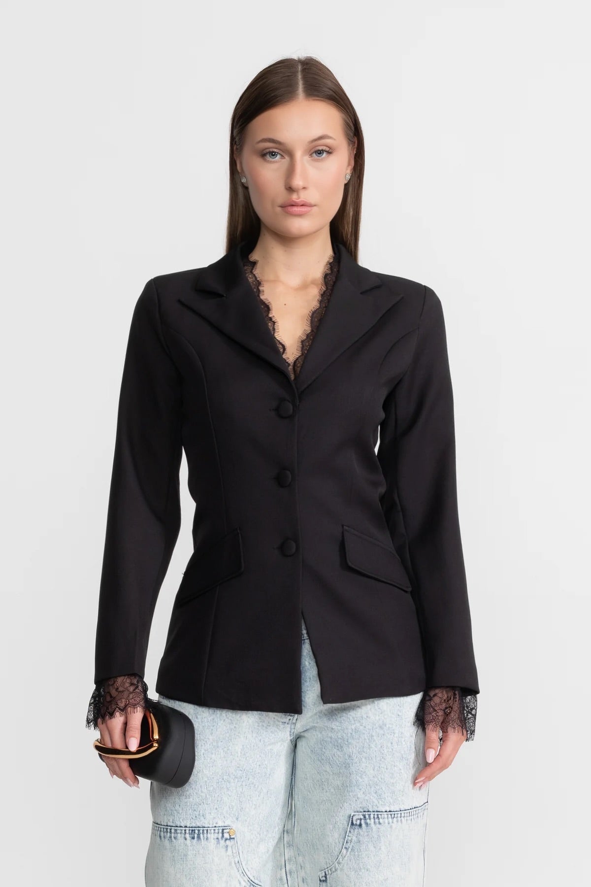 Tailored Lace-Trim Blazer with Tonal Button Closure – Black