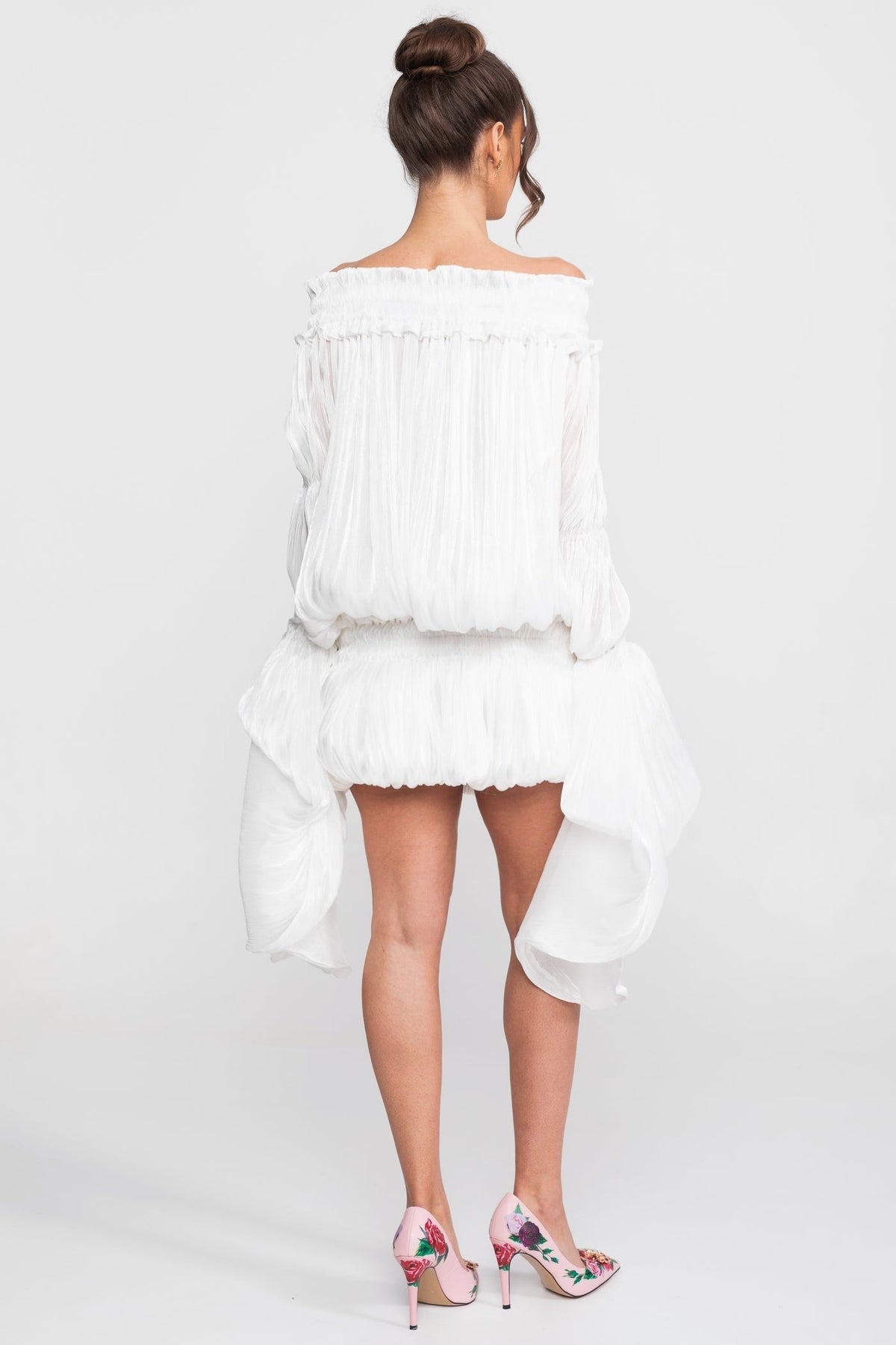 Off-Shoulder Corset Bodice Ruffle Mini Dress with Draped Sleeves – White – view 5