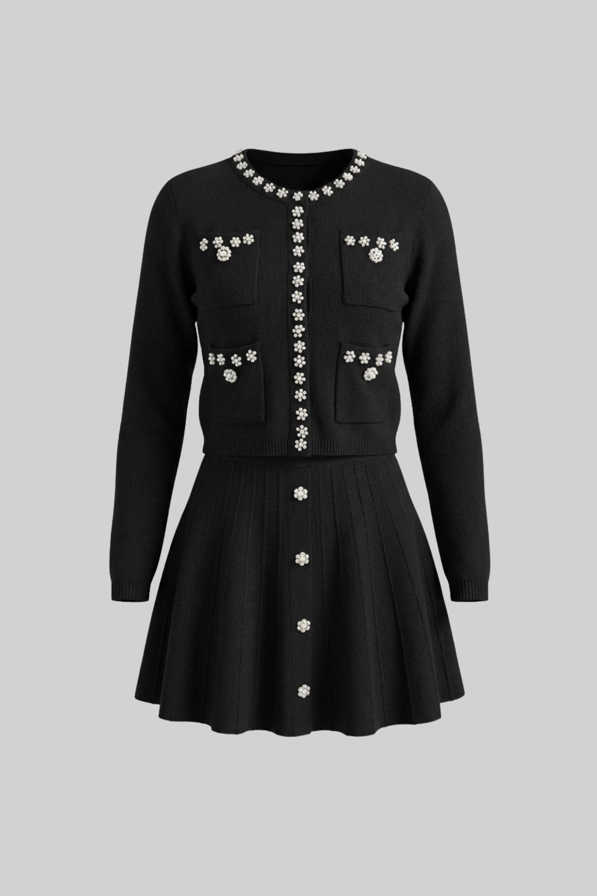 Crystal Embellished Knit Cardigan and Pleated Mini Skirt Set – Black – view 2