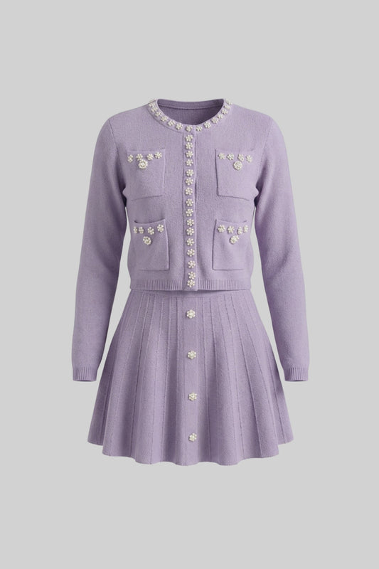 Crystal Embellished Knit Cardigan and Pleated Mini Skirt Set – Lilac – view 2