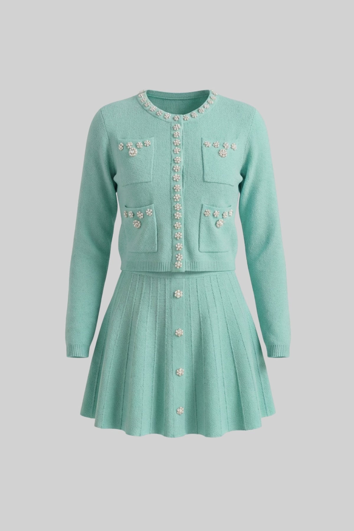 Crystal Embellished Knit Cardigan and Pleated Mini Skirt Set – Teal – view 2