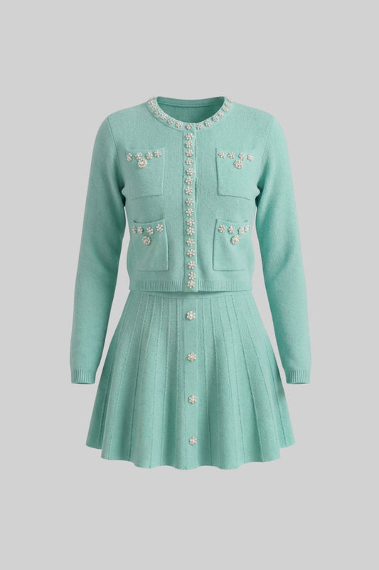 Crystal Embellished Knit Cardigan and Pleated Mini Skirt Set – Teal – view 2