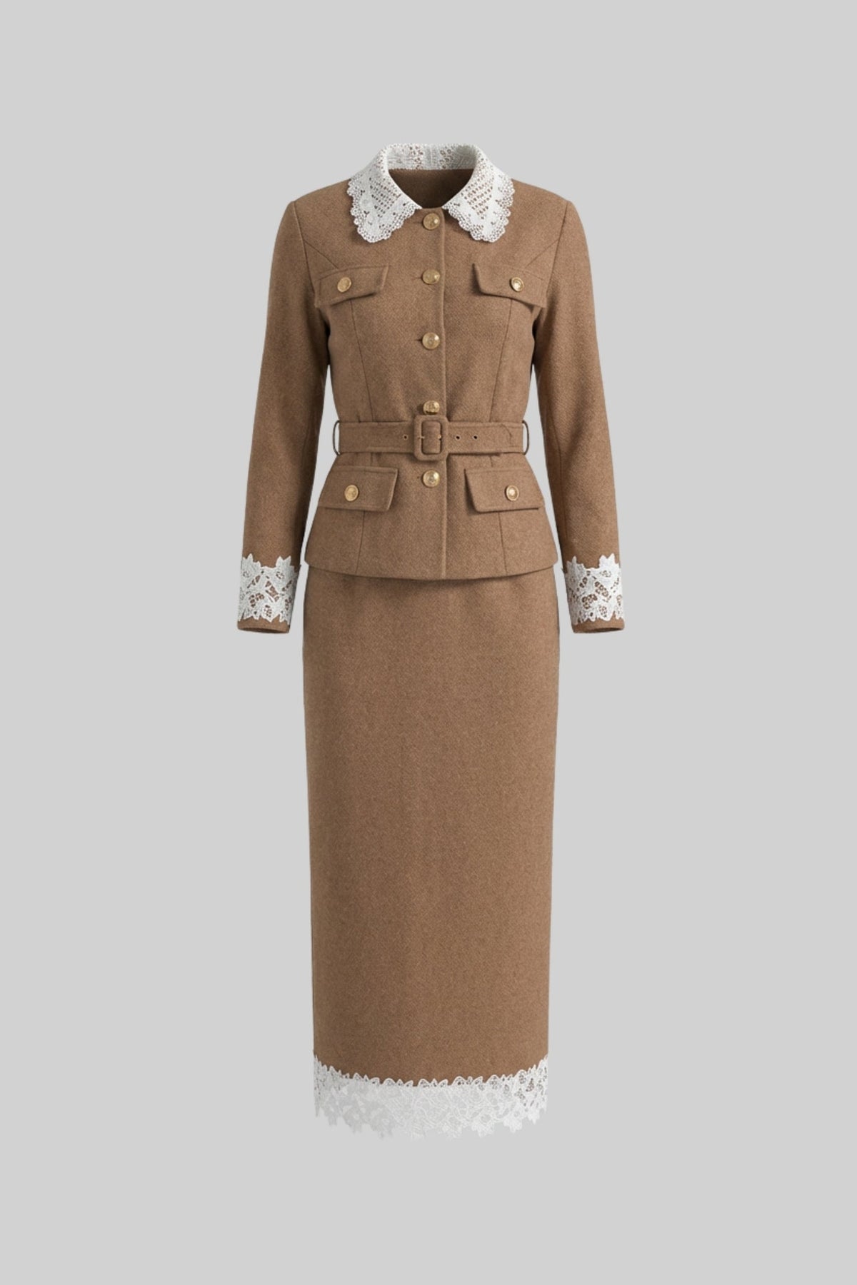 Lace Trim Tailored Jacket and Midi Pencil Skirt Set with Belt – Camel – view 2