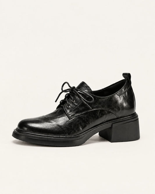 Leather Lace-Up Square Toe Oxfords with 5.5cm Block Heel