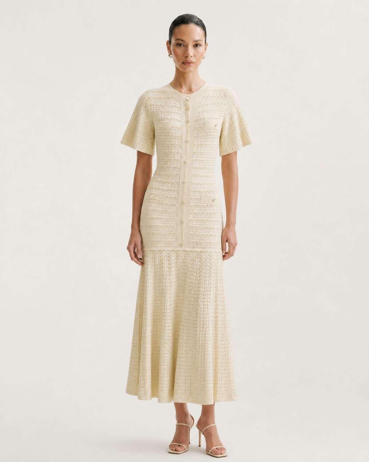Anna Rhinestone Embellished Short Sleeve Round Neck Knit Midi Dress – view 2