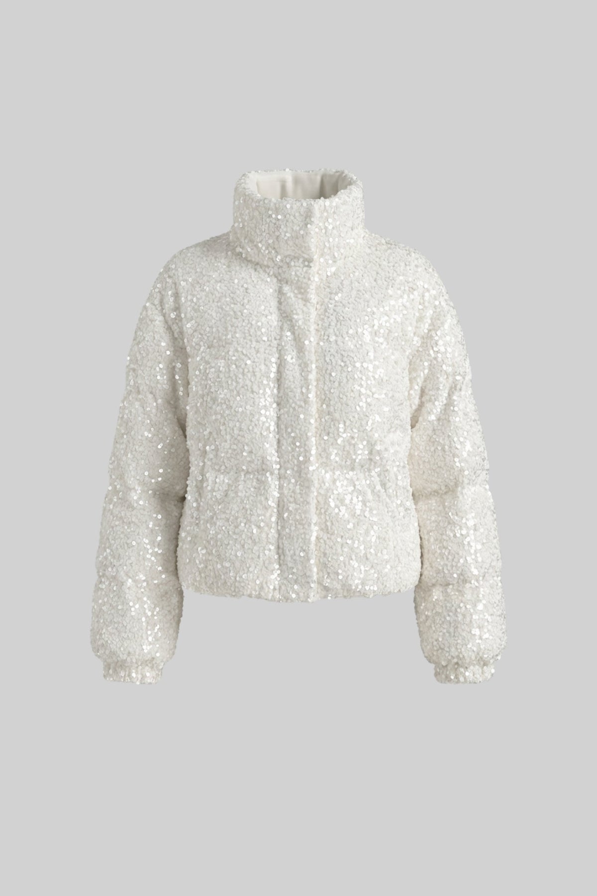Cropped Sequin Puffer Jacket with High Stand Collar – White – view 2
