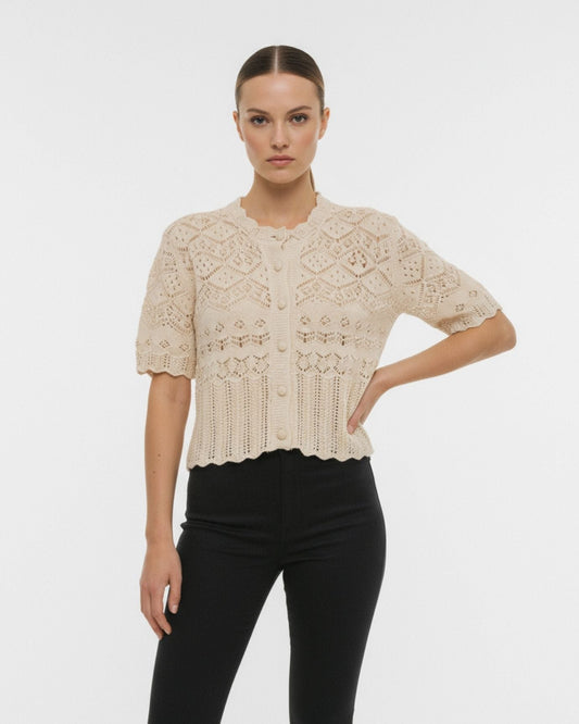 Aurora Sheer Jacquard Mesh Crew Neck T-Shirt – Khaki