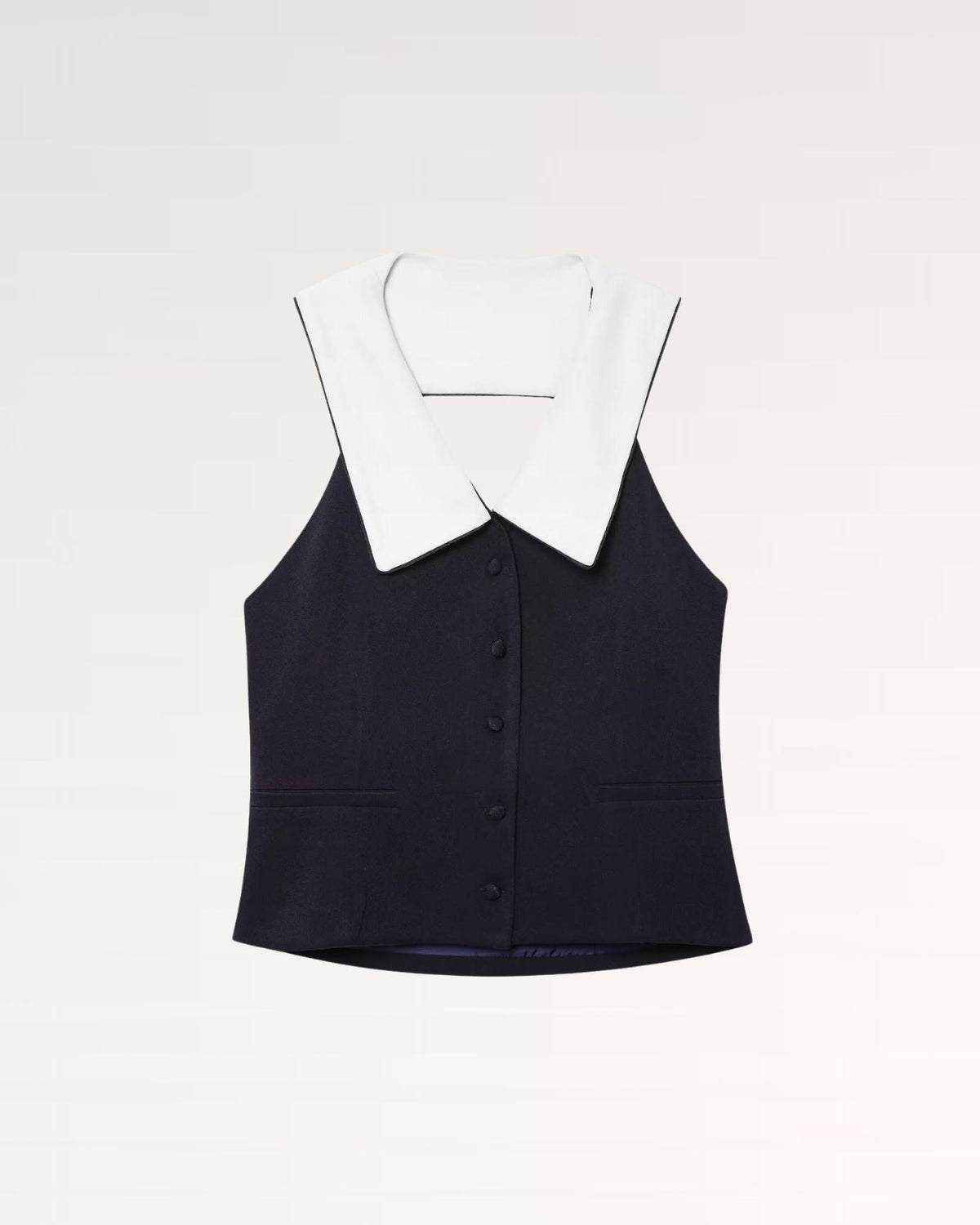 Milano Sleeveless Polo Collar Knit Vest with Button Placket – Black and White – view 2