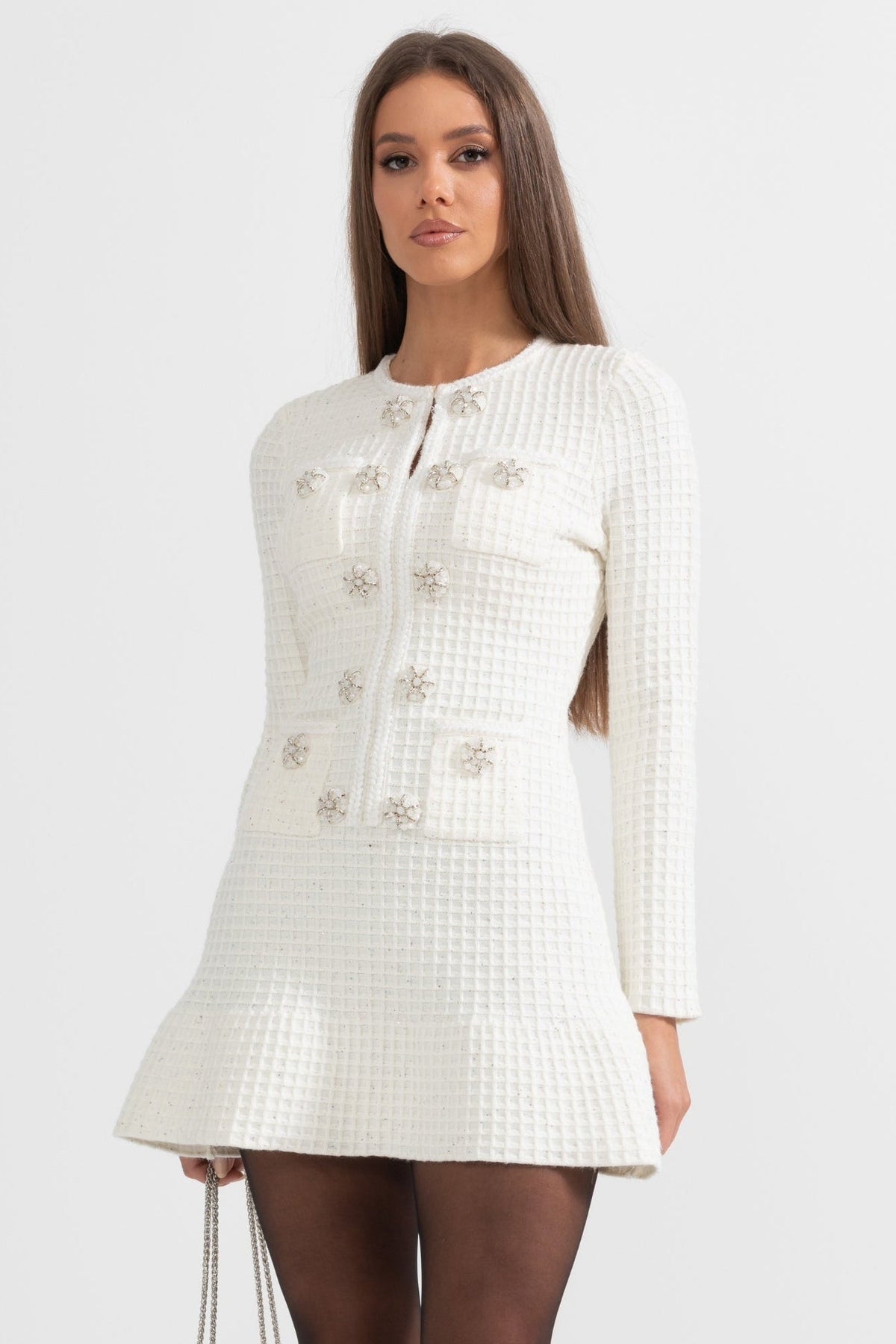 Long Sleeve Knee-Length Textured Knit Dress with Silver Buttons – White – view 1