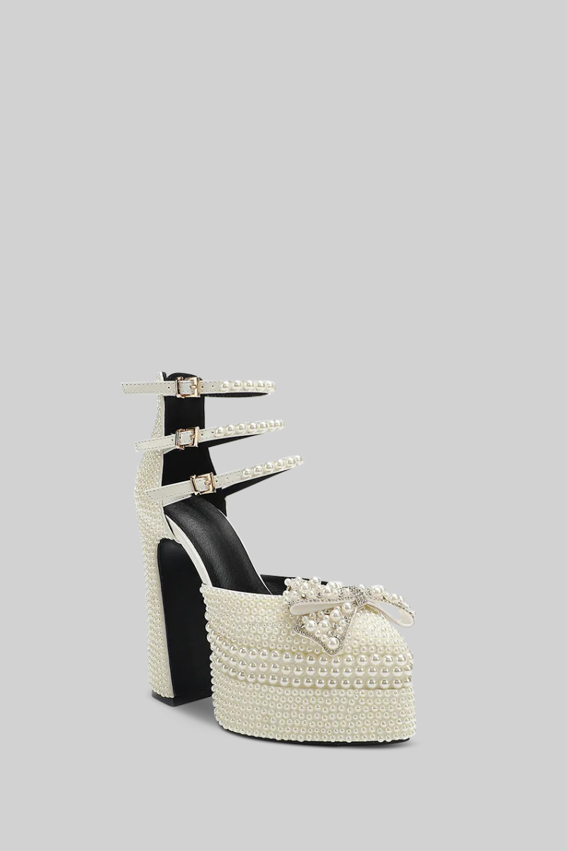 Pearl Embellished Platform Pumps with Gold Ankle Straps – White – view 3