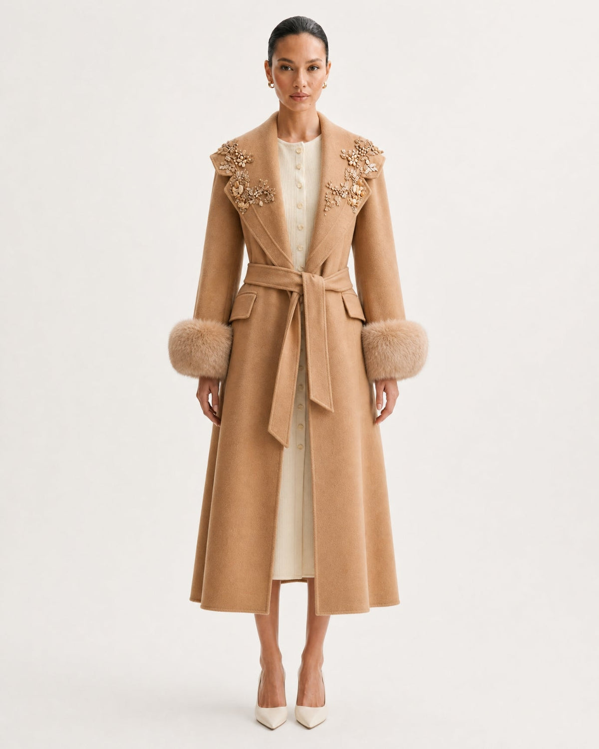 Hamptons Long Wool Cashmere Coat with Embellished Collar – view 15